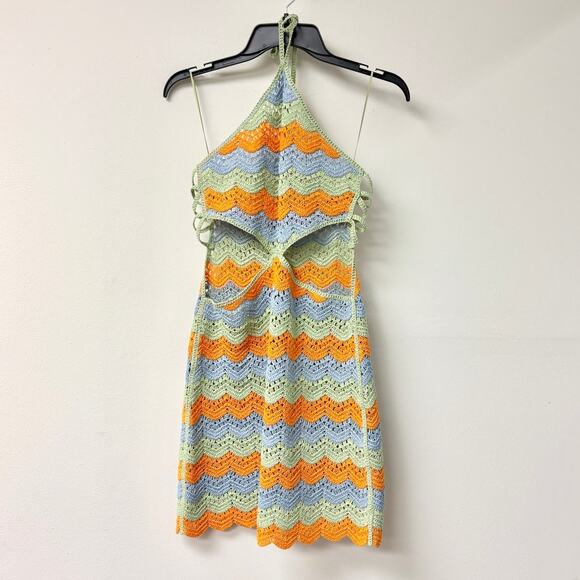 Zara Striped Halter Cut Out Crochet Limited Edition Mini Dress Multi Women's S - Picture 3 of 6